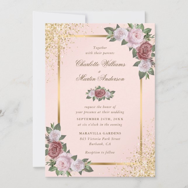 Invitación Rubor rosa y Boda floral de Confetti dorado (Anverso)