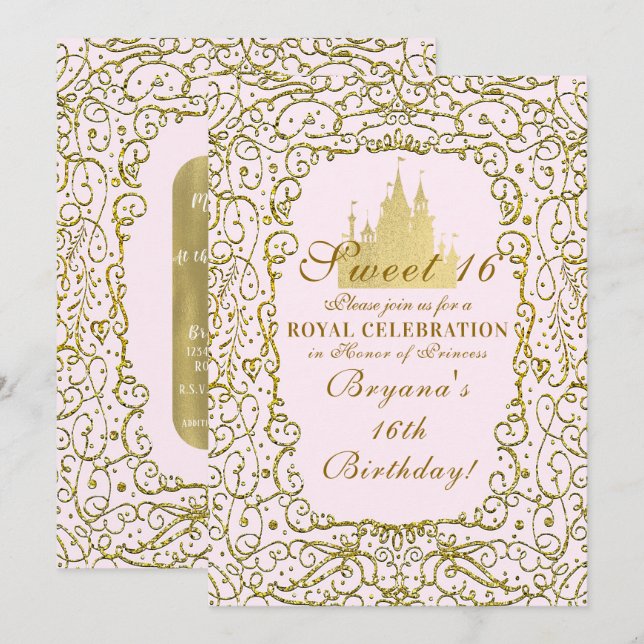 Invitación Rubor Rosa y Castillo Real Dorado Princesa Dulces  (Anverso / Reverso)