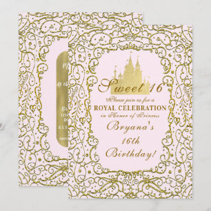 Invitación Rubor Rosa y Castillo Real Dorado Princesa Dulces