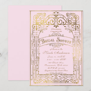 Invitación Rubor Rosa y Dorado Lluvia Nupcial Vintage Victori