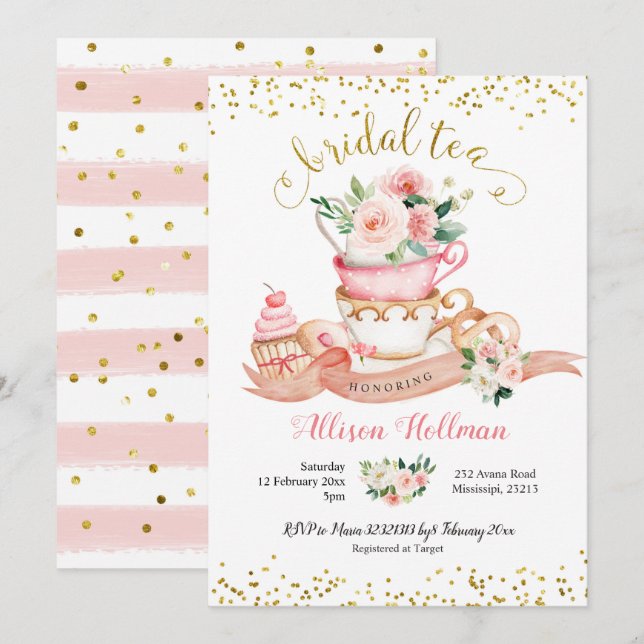 Invitación Rubor rosa y Fiesta de té con flores doradas (Anverso / Reverso)