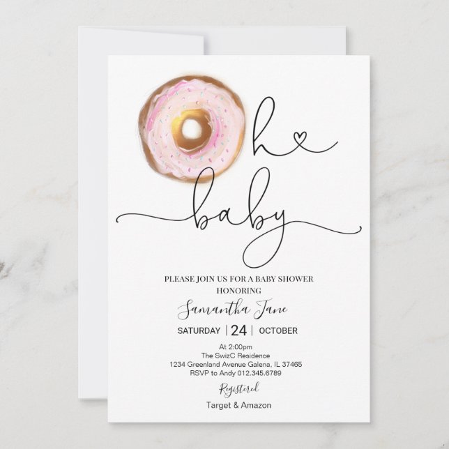 Invitación Rubor Rosa y Oro donut Oh Baby Baby Shower (Anverso)
