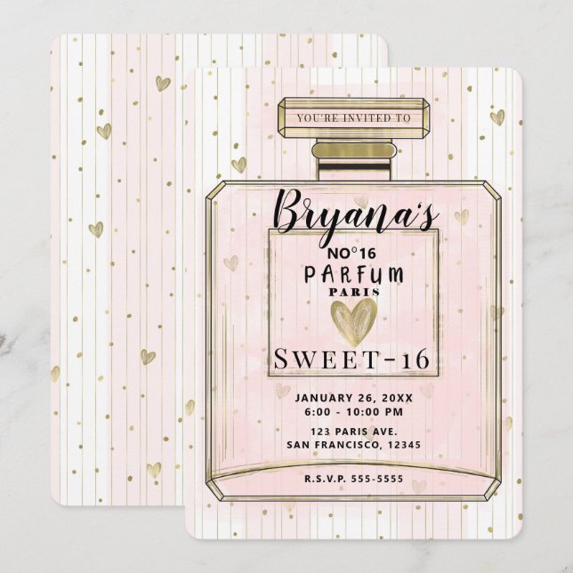 Invitación Rubor Rosa y Oro París Perfume Dulces 16 Cumpleaño (Anverso / Reverso)
