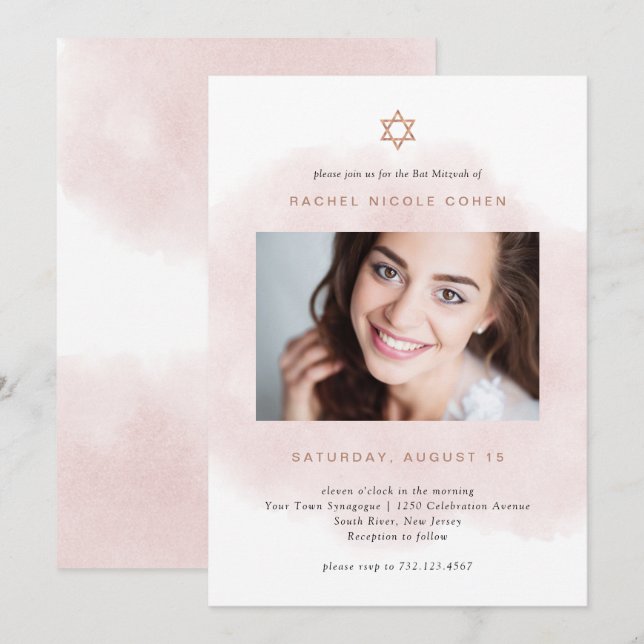 Invitación Rubor rosa y oro Rosa| Foto Bat Mitzvah (Anverso / Reverso)