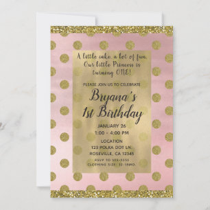 Invitación Rubor Rosa y Purpurina Dorada Lunares 1er Cumpleañ