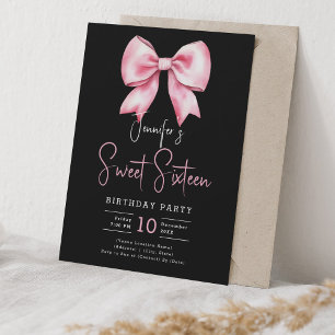 Invitación Rubor rosado Bow Coquette Script Sweet 16 Black