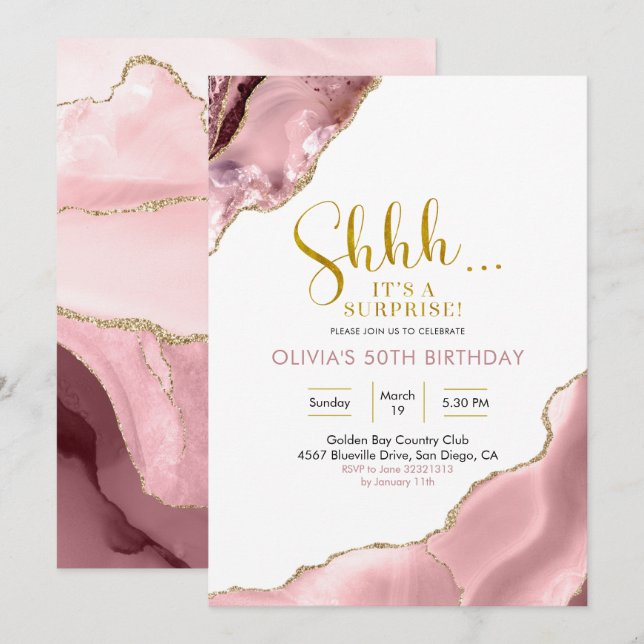 Invitación Rubor rosado y Agencia de Oro Sorpresa Cumpleaños  (Anverso / Reverso)