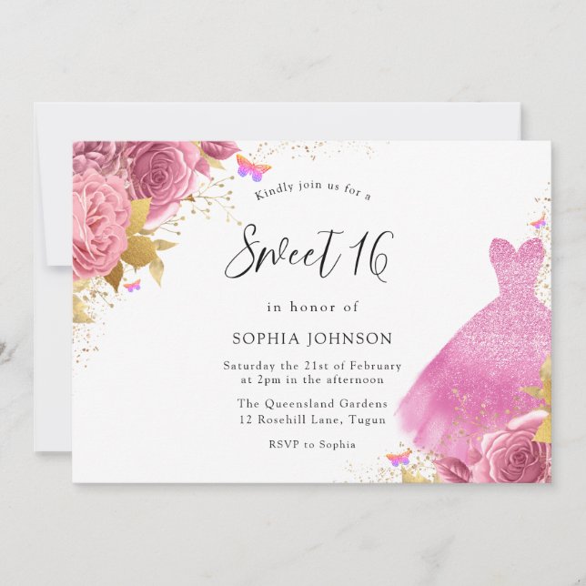 Invitación Rubor rosado y dorado Sparkle Vestido Floral Sweet (Anverso)