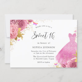 Invitación Rubor rosado y dorado Sparkle Vestido Floral Sweet