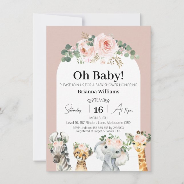 Invitación Rubor Rosas Arco floral Safari Baby Shower (Anverso)