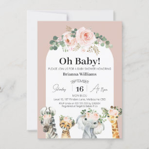 Invitación Rubor Rosas Arco floral Safari Baby Shower
