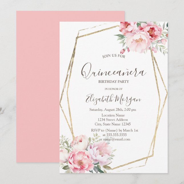 Invitación Rubor Rosas marco dorado Quinceañera (Anverso / Reverso)