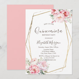 Invitación Rubor Rosas marco dorado Quinceañera