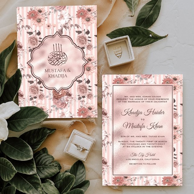 Invitación Rubor rosas rosas y rayas Boda musulmana floral (Subido por el creador)