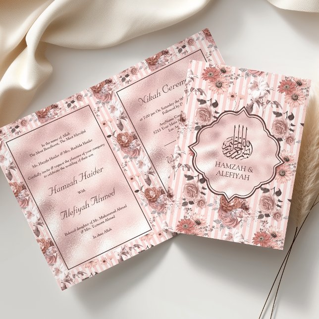 Invitación Rubor rosas rosas y rayas Boda musulmana floral (Subido por el creador)