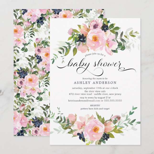 Invitación Rubor Rosas y Peonies Floral Baby Shower (Anverso / Reverso)