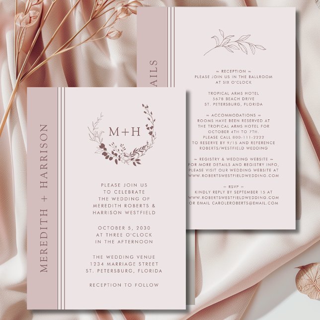 Invitación Rubor Rose Gold Monograma Todo en Uno Boda (Rose Gold Blush Monogram Wreath All in One with Details Wedding Invitation)
