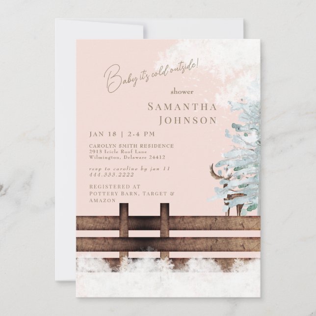 Invitación Rubor Rustic Woodland Baby hace frío afuera (Anverso)