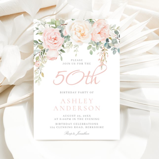Invitación Rubor & Sage Elegant Floral 50 cumpleaños (Subido por el creador)