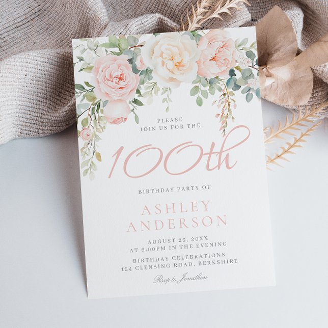 Invitación Rubor & Sage Elegant Flowers 100th Birthday Party (Subido por el creador)