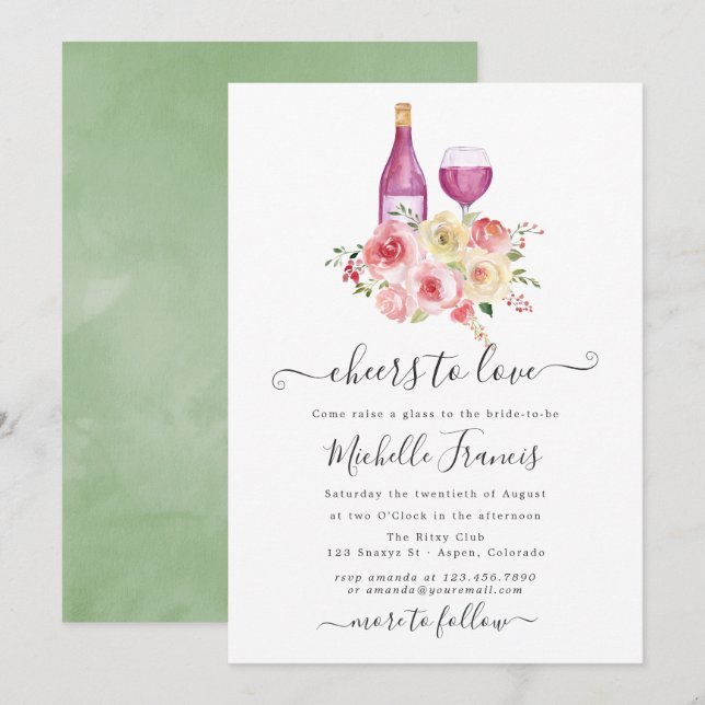 Invitación Rubor & Sage Floral Bridal Shower Wine Tasting (Anverso / Reverso)