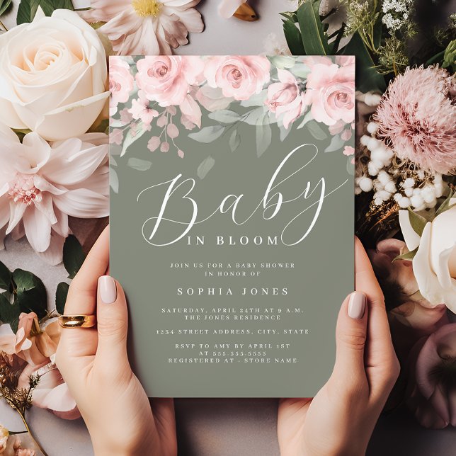 Invitación Rubor Sage Floral Chica Baby In Bloom Baby Shower (Subido por el creador)