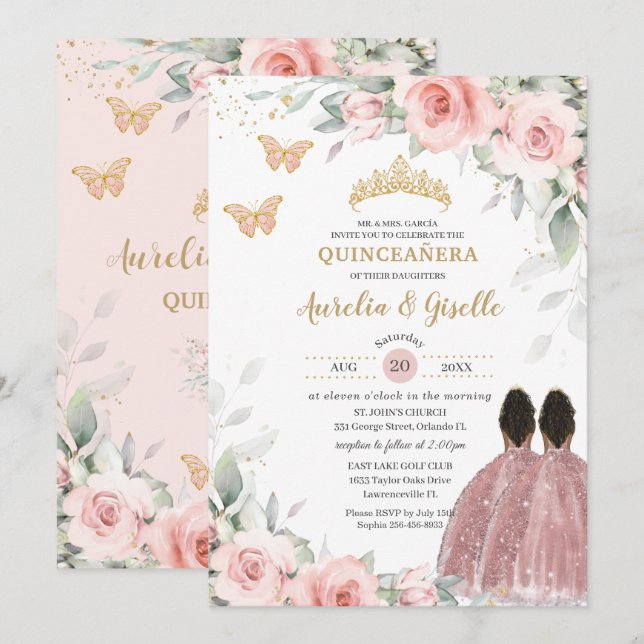 Invitación Rubor Sage Floral Twins Brown Princess Quinceañera (Anverso / Reverso)