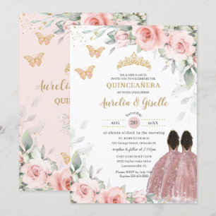 Invitación Rubor Sage Floral Twins Brown Princess Quinceañera