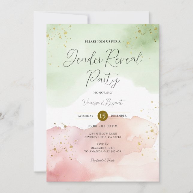 Invitación Rubor Sage Green y Red Gender Revelan Gold Purpuri (Anverso)