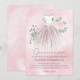 Invitación Rubor Silver purpurina Vestido Floral Quinceañera