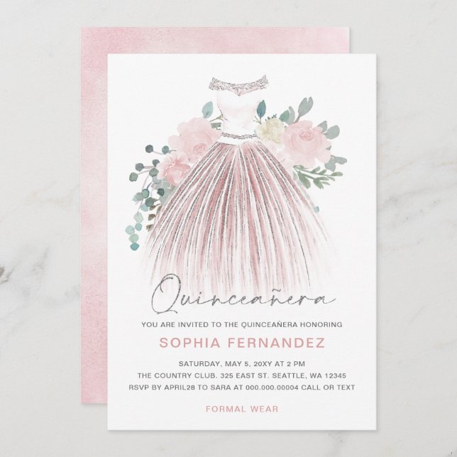 Invitación Rubor Silver purpurina Vestido Floral Quinceañera (Anverso / Reverso)