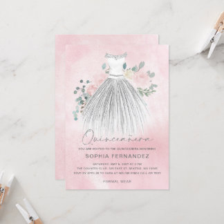 Invitación Rubor Silver purpurina Vestido Floral Quinceañera