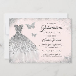 Invitación Rubor Silver Sparkke Vestido Mariposa Quinceanera