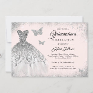 Invitación Rubor Silver Sparkke Vestido Mariposa Quinceanera