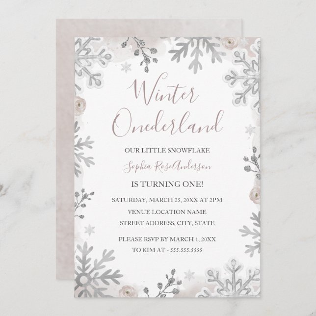 Invitación Rubor Silver Winter Onederland Primer cumpleaños (Anverso / Reverso)