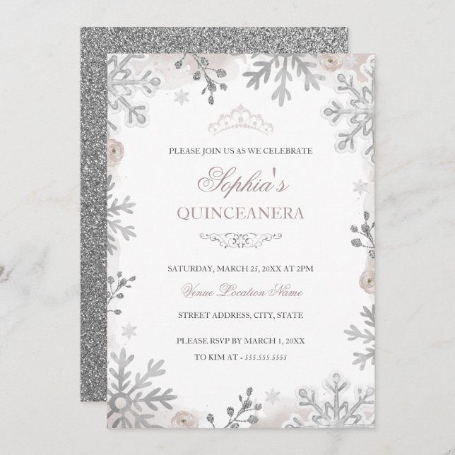 Invitación Rubor Silver Winter Wonderland Quinceanera (Anverso / Reverso)