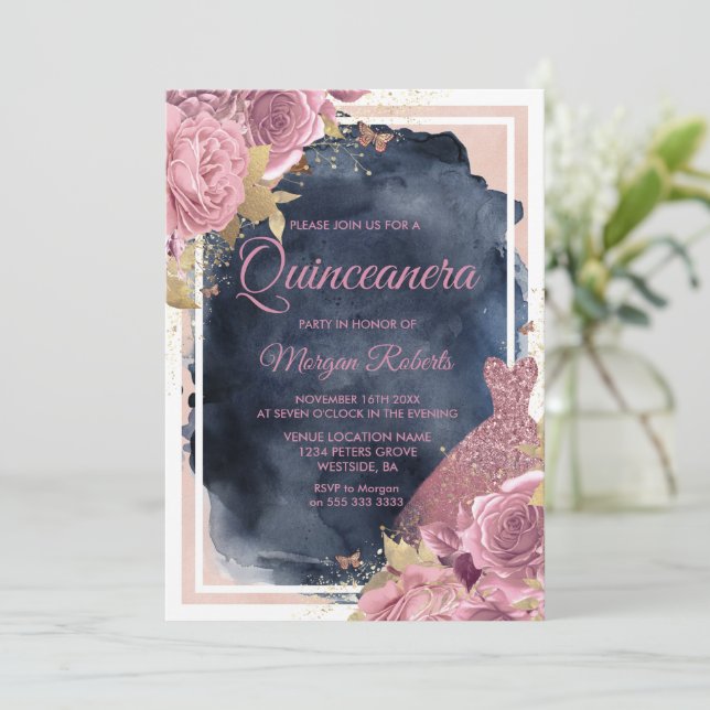 Invitación Rubor Sparkle Vress & Floral Naval Quinceanera (Anverso de pie)