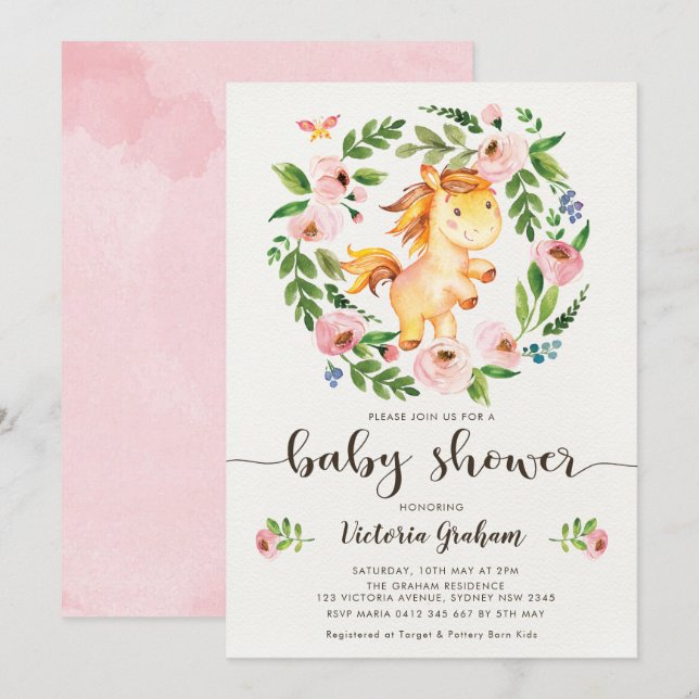 Invitación Rubor Spring Floral Horse Chica Baby Shower (Anverso / Reverso)