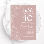 Invitación Rubor Surprise 40 cumpleaños<br><div class="desc">Invitación de cumpleaños número 40 de Rubor color rosa y blanco. El diseño femenino moderno presenta acentos botánicos y tipografía. Elegante tarjeta de invitación floral perfecta para una elegante celebración de cumpleaños sorpresa femenina. Invitaciones Zazzle impresas o una plantilla imprimible digital de descarga instantánea.</div>