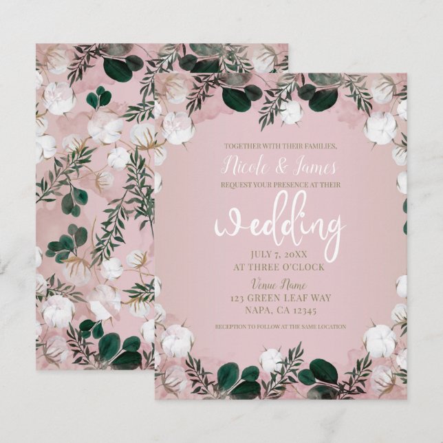 Invitación Rubor Taupe Algodón Floral Verdor Rústico Boda (Anverso / Reverso)