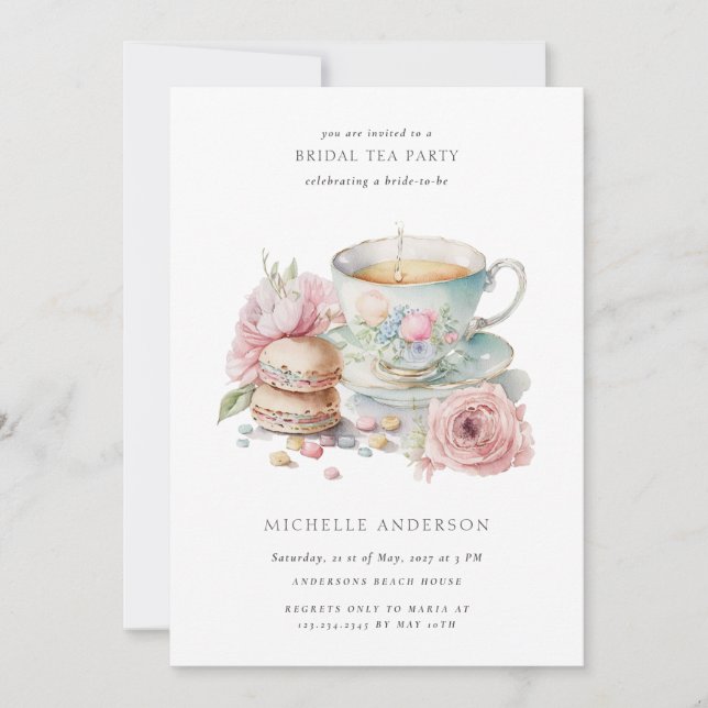 Invitación Rubor Tea Cup Macaroons QR Código Ducha de novia (Anverso)
