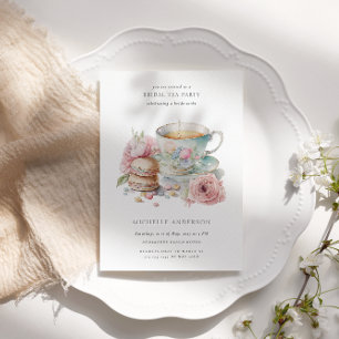 Invitación Rubor Tea Cup Macaroons QR Código Ducha de novia