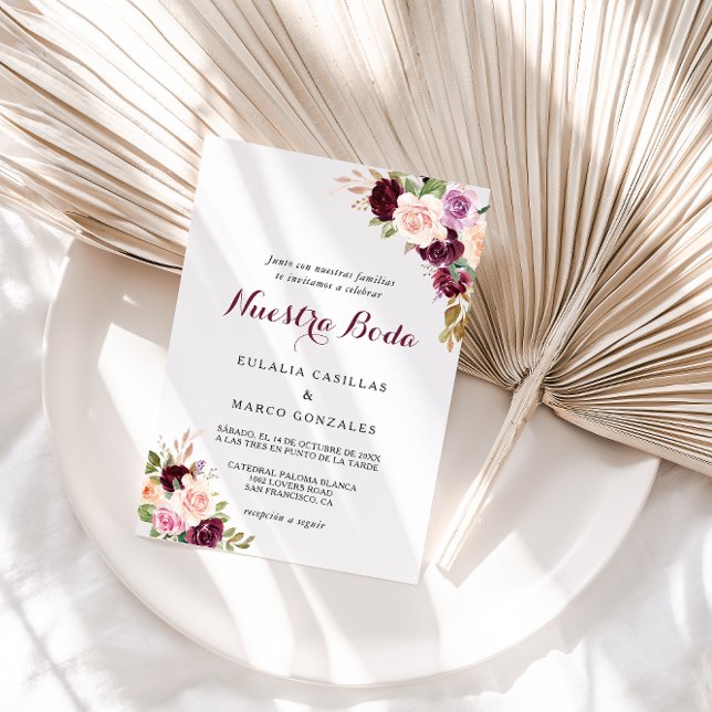 Invitación Rubor verde Borgoña Floral Boda español (Subido por el creador)