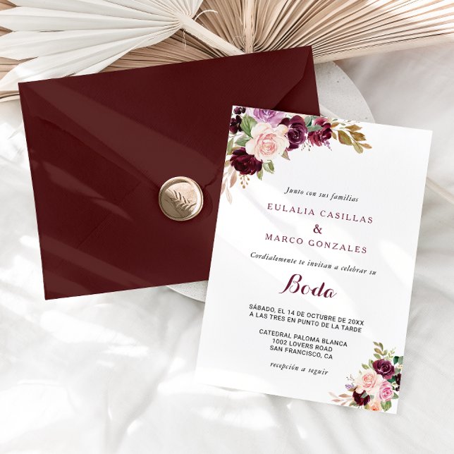 Invitación Rubor verde Borgoña Floral Boda español (Subido por el creador)