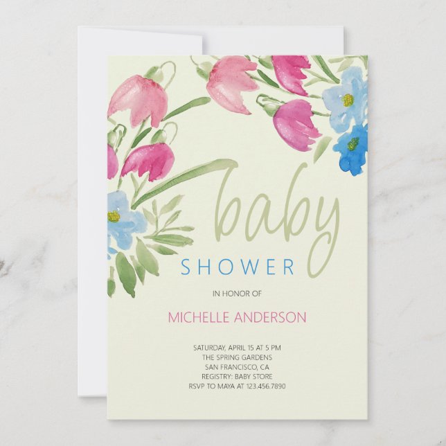 Invitación Rubor Verde Y Baby Shower De Primavera Floral Azul (Anverso)
