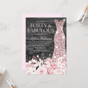 Invitación Rubor Vestir Flores Carbón 40 Fiesta de cumpleaños