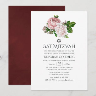 Invitación Rubor vintage y Burgundy Floral Bat Mitzvah