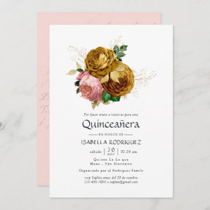 Invitación Rubor vintage y Gold Floral Española Quinceañera