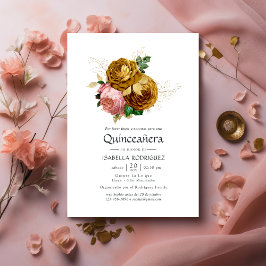 Invitación Rubor vintage y Quinceañera floral de oro