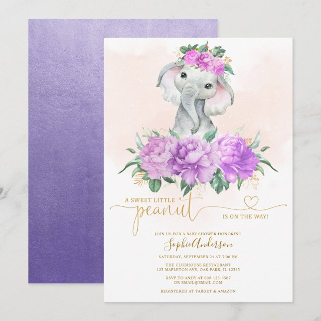 Invitación Rubor Violet Floral Greeneration Elephant baby Sho (Anverso / Reverso)